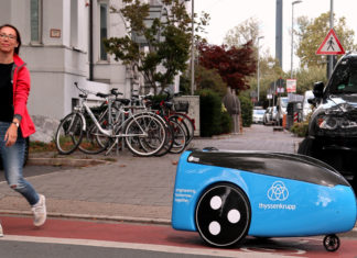 Thyssenkrupp looks to delivery robots for elevator maintenance logistics Thyssenkrupp TeleRetail Delivery Robot on Street